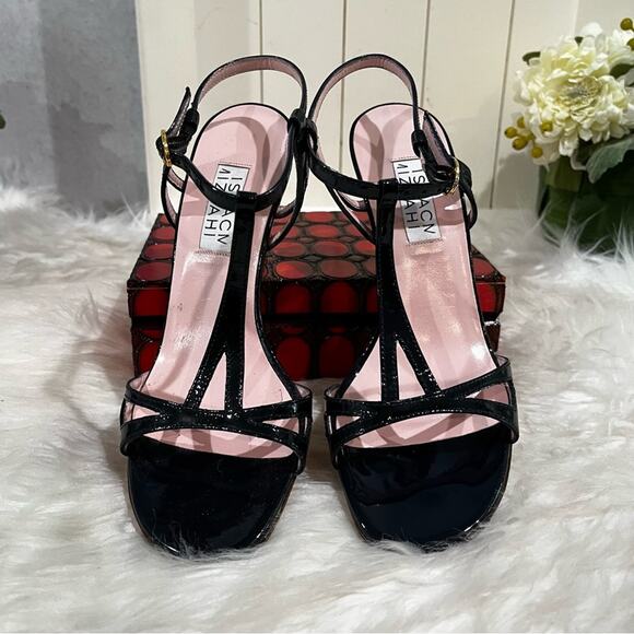 NEW Isaac Mizrahi Vintage Leather T-Strap Ankle Wrap High Heel Sandals Navy 5.5 - Picture 7 of 14